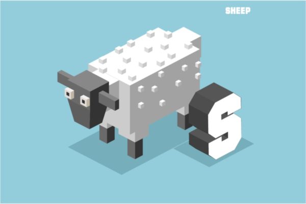 字母S&amp;绵羊动物英文字母识字卡片设计2.5D矢量插画素材 S for sheep, Animal Alphabet