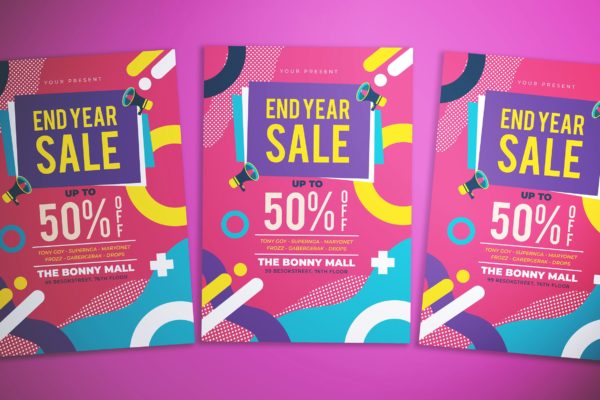 孟菲斯风格年终促销活动海报传单素材库精选PSD模板 Memphis End Year Sale Flyer