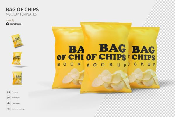薯片膨化食品包装袋设计素材库精选模板 Bag of Chips – Mockup FH