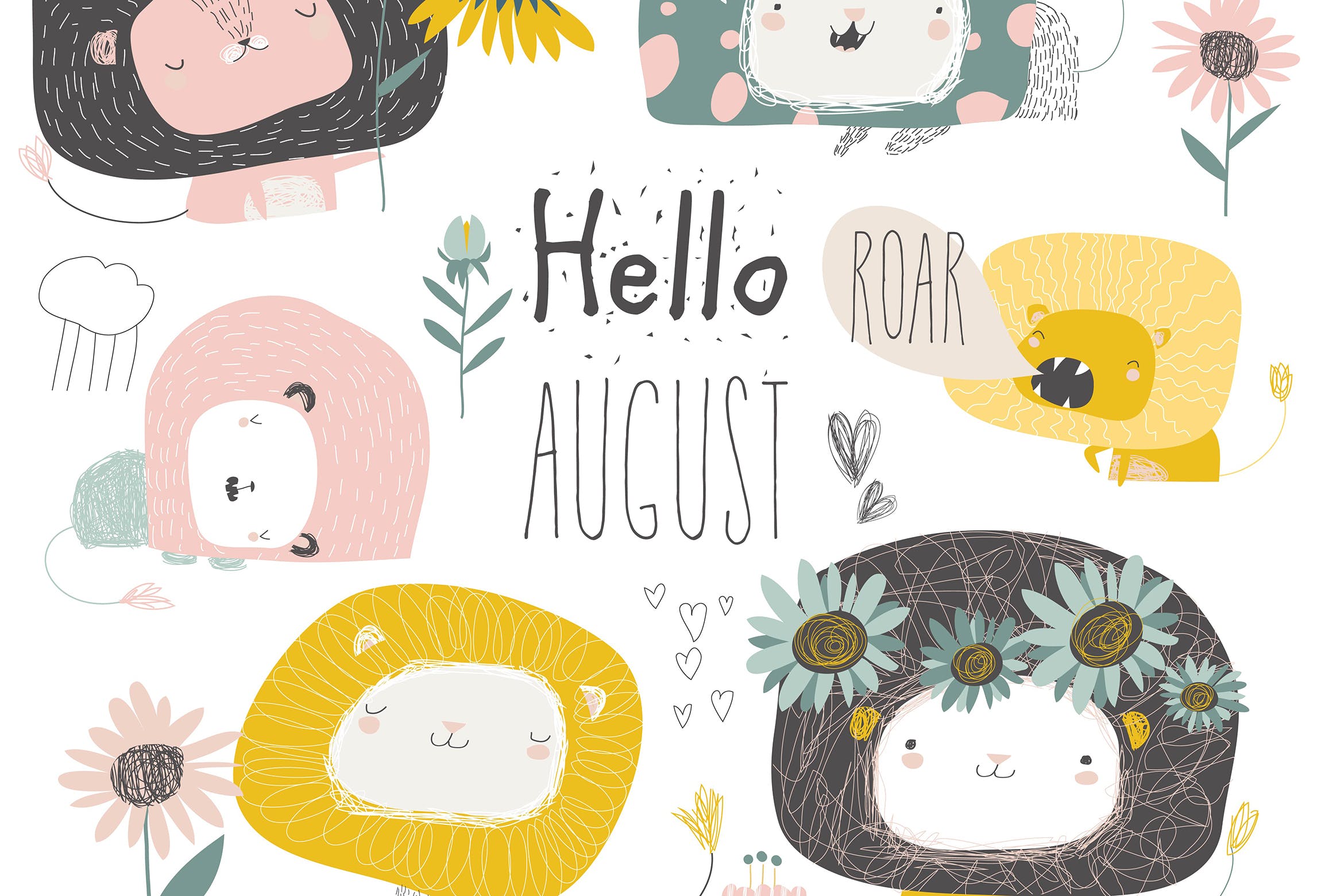 卡通可爱狮子与花卉秋天主题矢量插画素材 Vector set of cute lions and flowers. Hello august插图