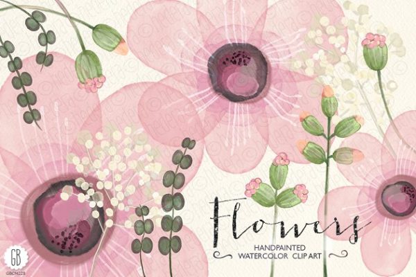 粉色手绘水彩花卉素材 Watercolor pink flowers diy invite
