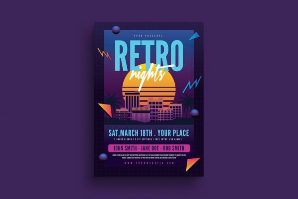 欧美80年代复古夜店风格海报设计模板 Retro Night 80s Flyer
