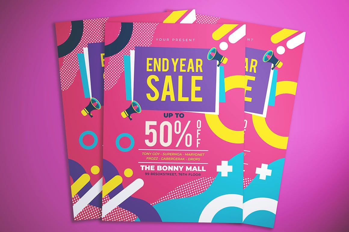 孟菲斯风格年终促销活动海报传单素材库精选PSD模板 Memphis End Year Sale Flyer插图(2)