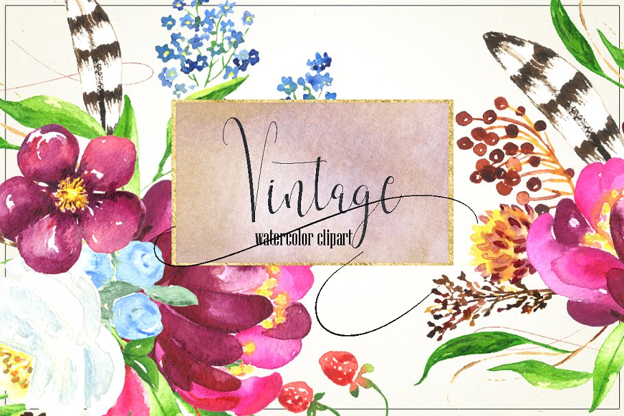 复古花卉和浆果水彩画插画 Vintage flowers & berry Watercolor插图(2)