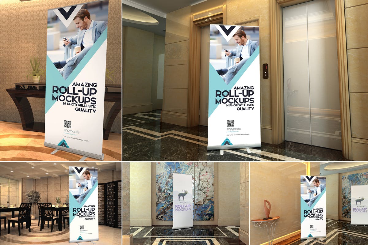 高端大厦场景易拉宝广告Banner样机模板 Roll-up Banner Mockup PSD插图