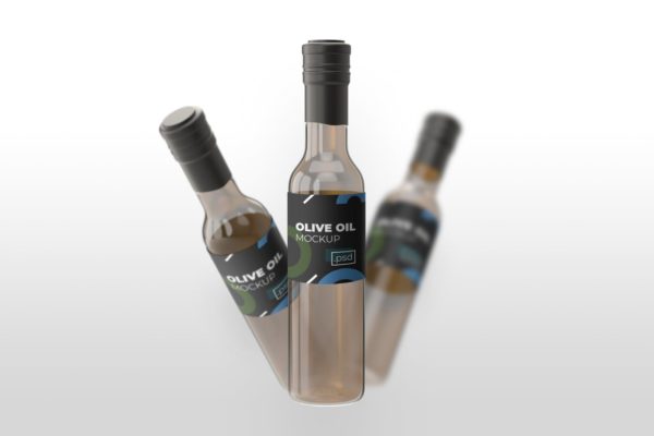 橄榄油透明玻璃瓶外观设计素材库精选 Realistic Olive Oil Bottle – Mockups