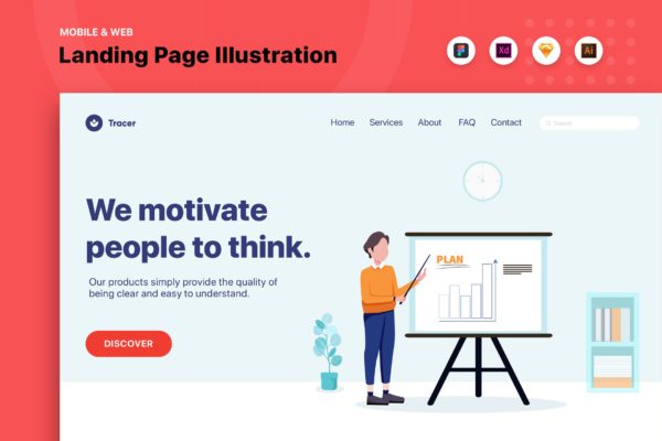 商业计划主题网页Banner&amp;着陆页设计矢量插画v2 Businessman Presenting Plan – Web Header
