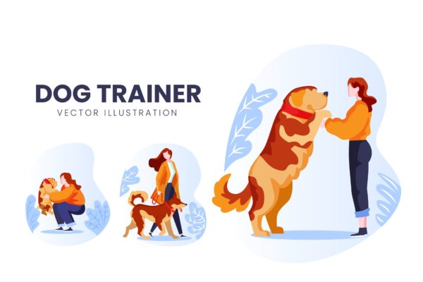 训犬员人物形象素材库精选手绘插画矢量素材 Dog Trainer Vector Character Set