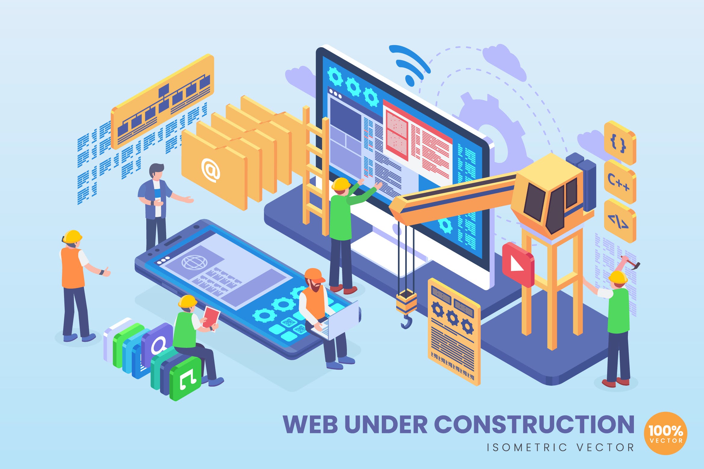 Web架构体系主题等距矢量素材库精选概念插画 Isometric Web Under Construction Vector Concept插图