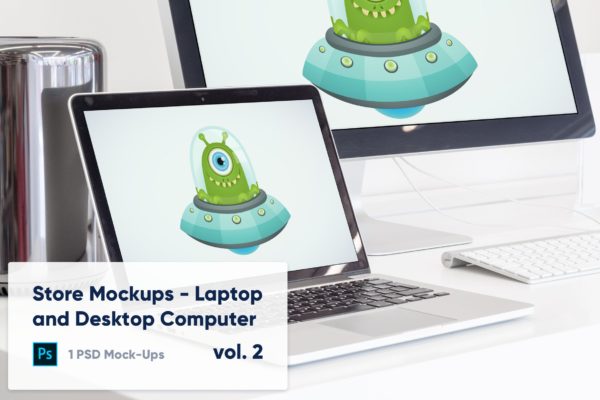 笔记本&amp;一体机电脑响应式设计效果图演示素材库精选样机 Laptop and Desktop Computer Mockup in the Store