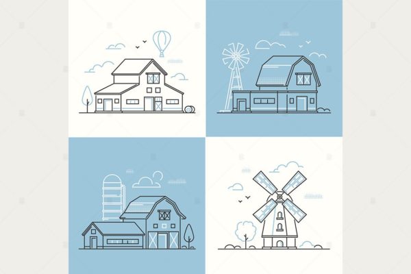 农场生活主题系列线条设计风格插画素材 Farm life – set of line design style illustration