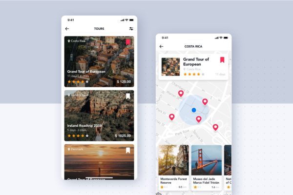旅游指南APP应用旅游景点列表&amp;地图界面设计素材库精选模板 Tours Guide UI Concept for Travel &amp; Map