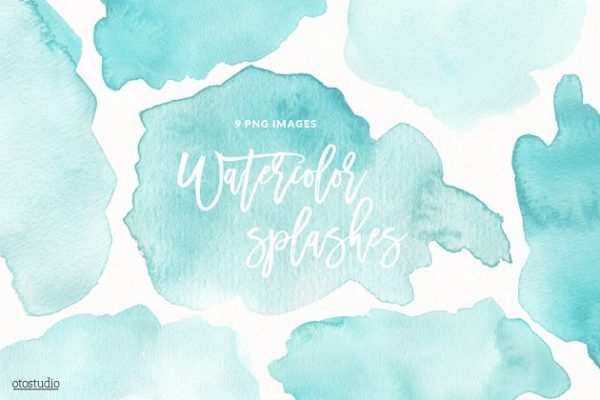 手绘薄荷色调水彩泼墨设计元素 Mint Watercolor Splashes &amp; Textures