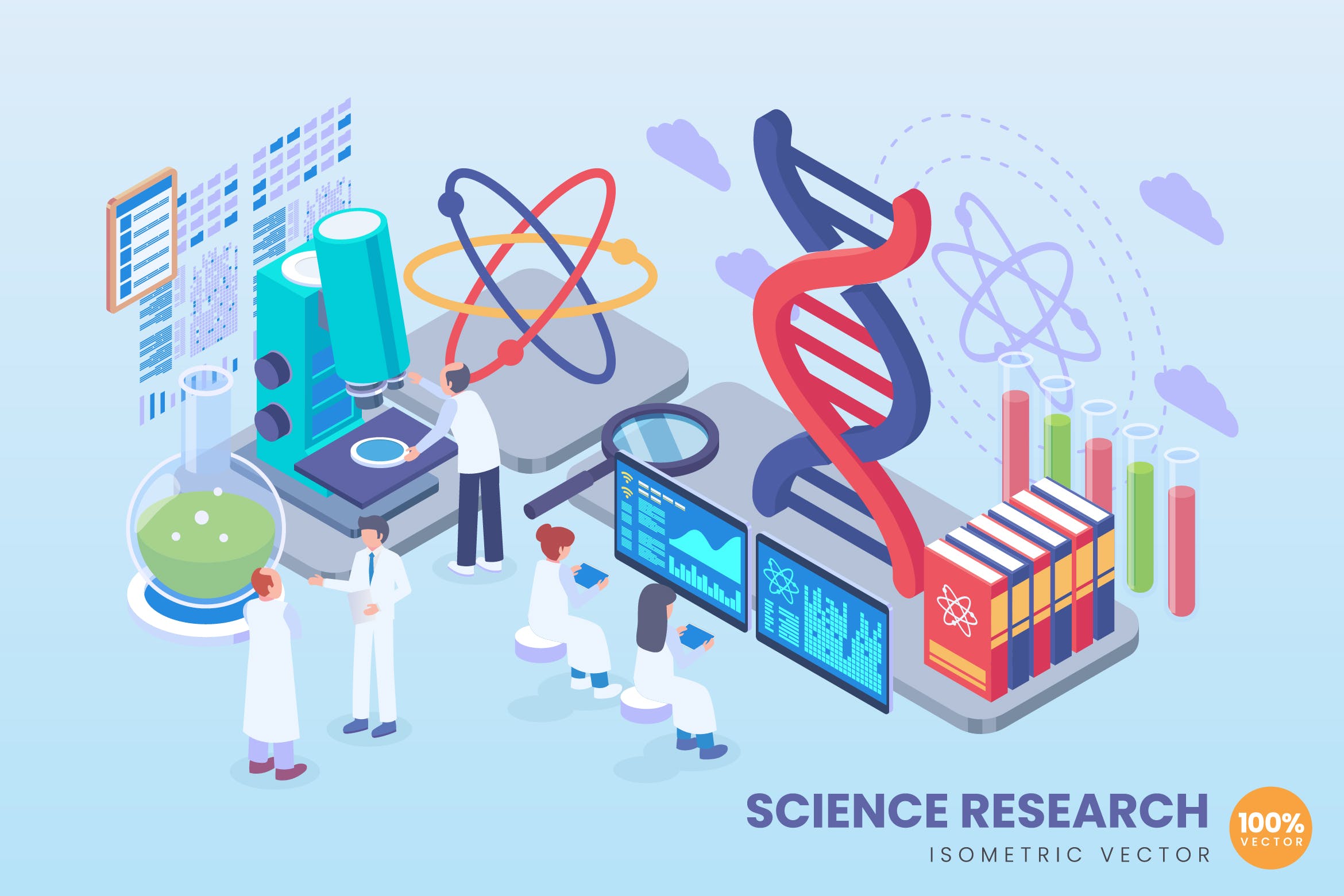科学研究主题等距素材库精选概念插画 Isometric science Research Vector Concept插图