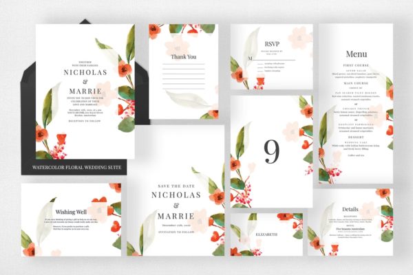 水彩花卉背景婚礼邀请函素材库精选模板 Watercolor Floral Wedding Suite