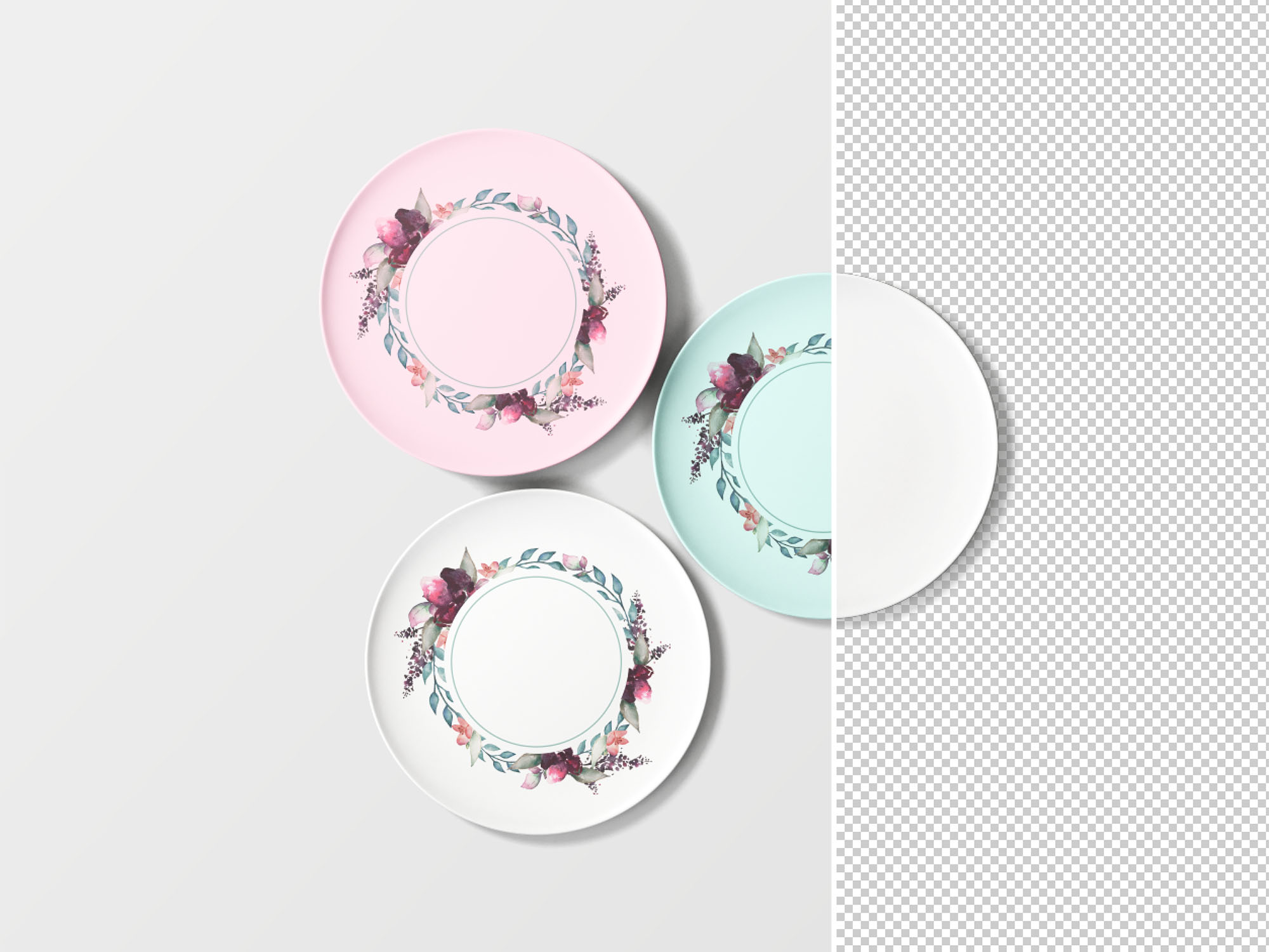 陶瓷碟子印花图案设计预览样机 Overhead Plates Mockup插图(1)