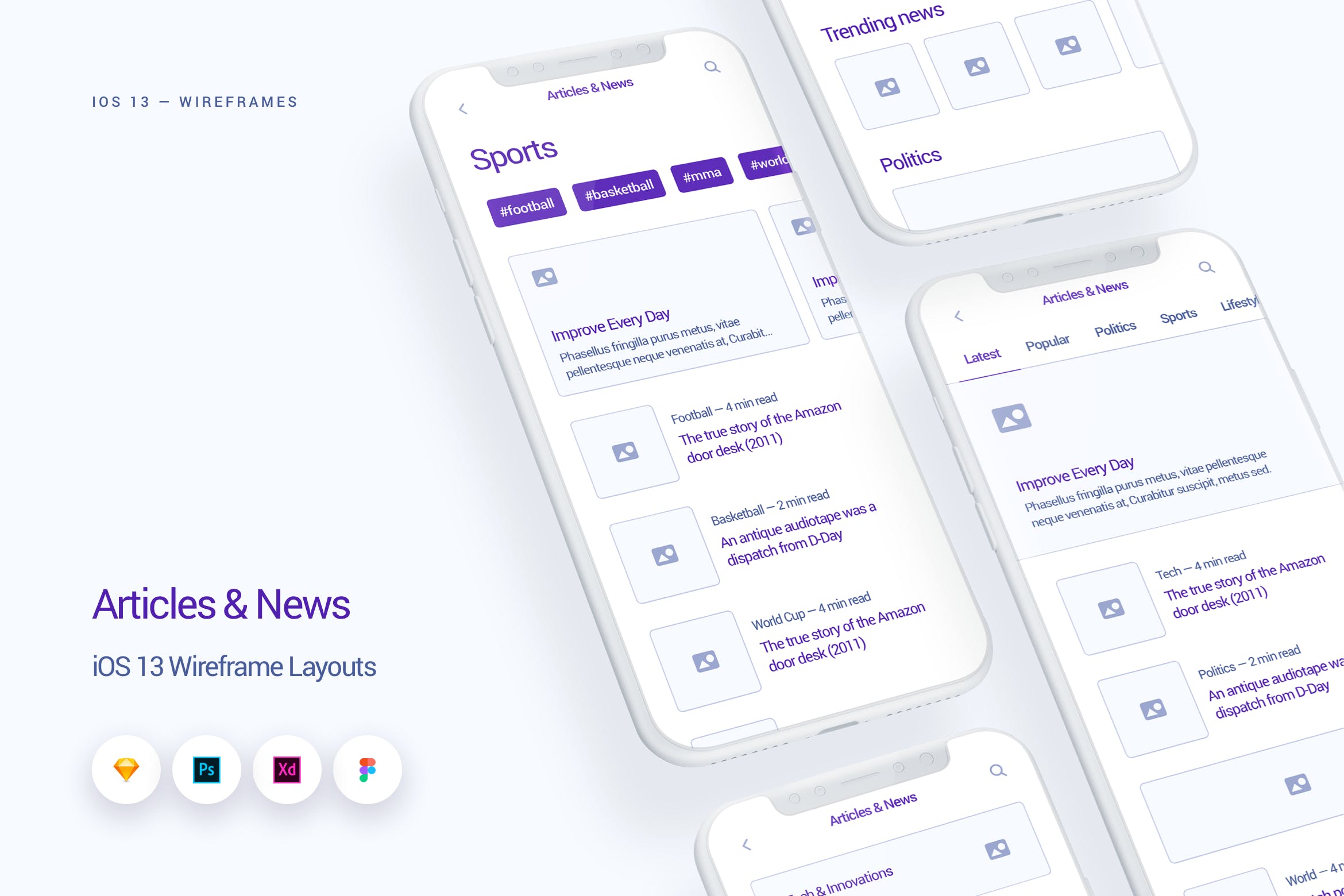 iOS13设计规范之新闻资讯UI界面设计线框图 News & Articles – iOS 13 Wireframe Kit插图