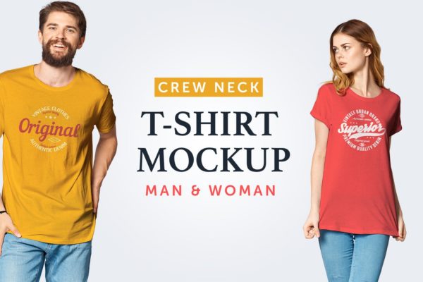 圆领T恤印花设计模特上身效果预览样机07 Crew Neck T-Shirt Mockup 07