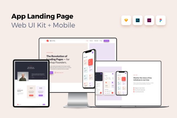 iOS端APP应用产品网站着陆页设计素材库精选套件v2 iOS App Landing Page – Web UI Kit + Mobile – 2