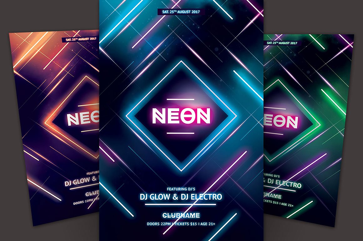 抽象霓虹灯光效果派对活动宣传单模板 Neon Flyer Template插图