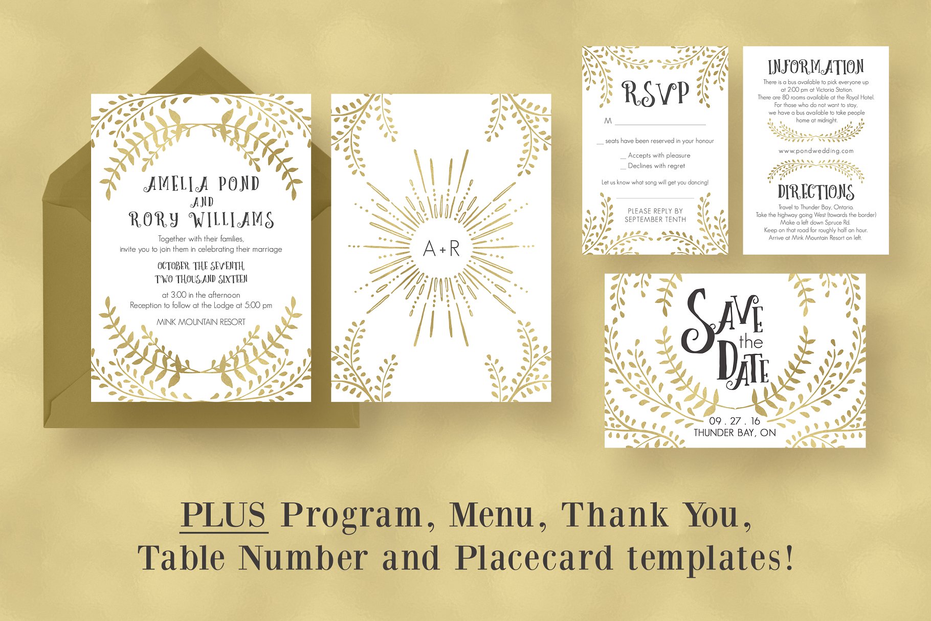金色色调婚礼邀请函设计模板套装 Gold Wedding Invitation Suite插图