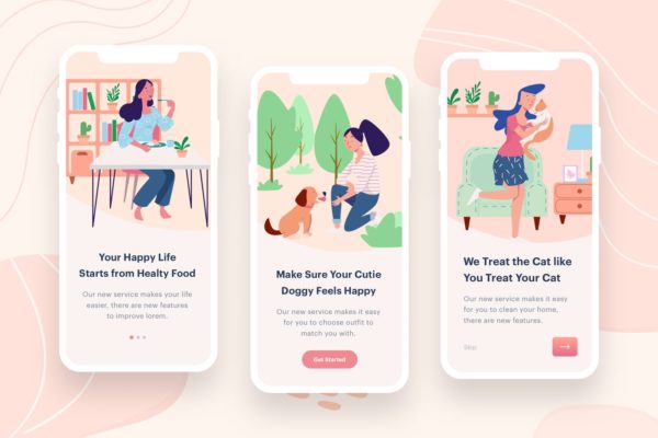女性吃喝玩乐主题APP应用启动页矢量插画素材 Women’s Eat &amp; Play Illustration