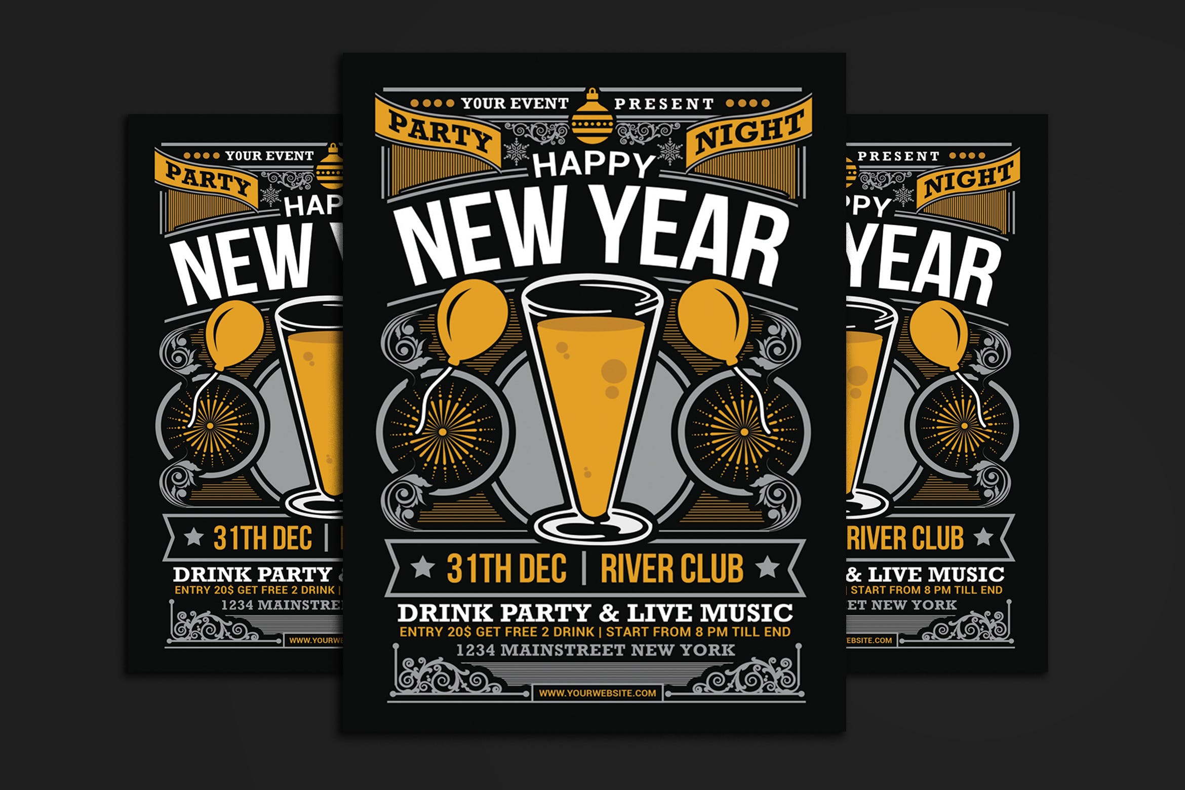 重复线条艺术新年庆祝晚会海报传单素材库精选PSD模板 New Year Party Celebration插图