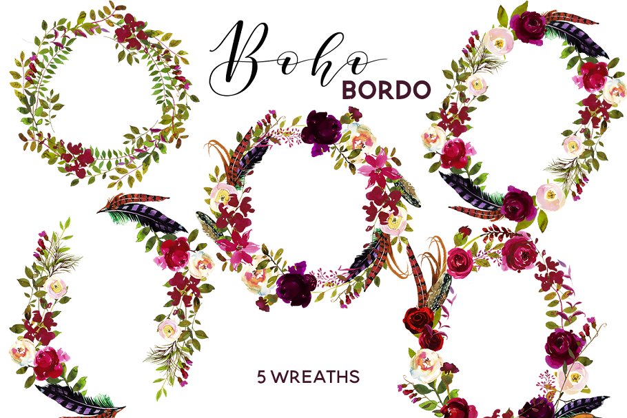 波希米亚式&波尔多水彩花卉剪贴画 Boho Bordo Watercolor Flowers插图(4)