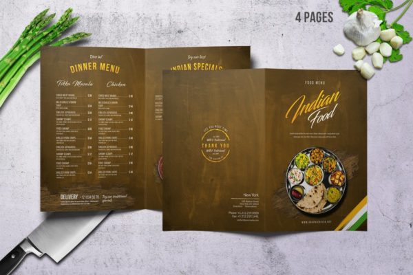 印度美食双折页菜单设计PSD模板 Indian Food Menu A4 &amp; US Letter – Bifold