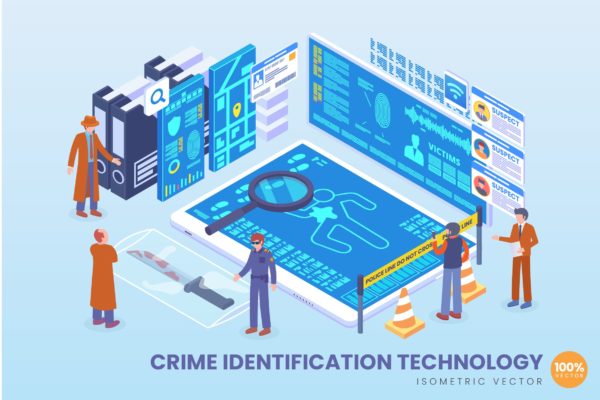 犯罪识别技术等距矢量素材库精选科技概念插画v1 Isometric Crime Identification Technology Vector