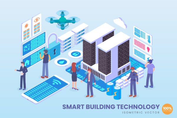 智能建筑技术等距矢量科技素材库精选概念插画v2 Isometric Smart Building Technology Vector Concept