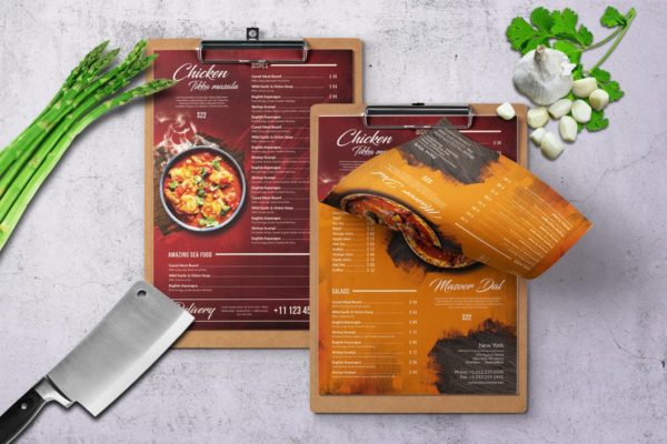 印度咖喱菜系单页菜单设计模板 Curry Indian A4 &amp; US Letter Single Page Food Menu