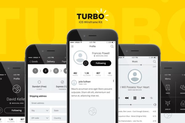 100个iOS应用界面设计线框图设计套件 Turbo iOS Wireframe Kit