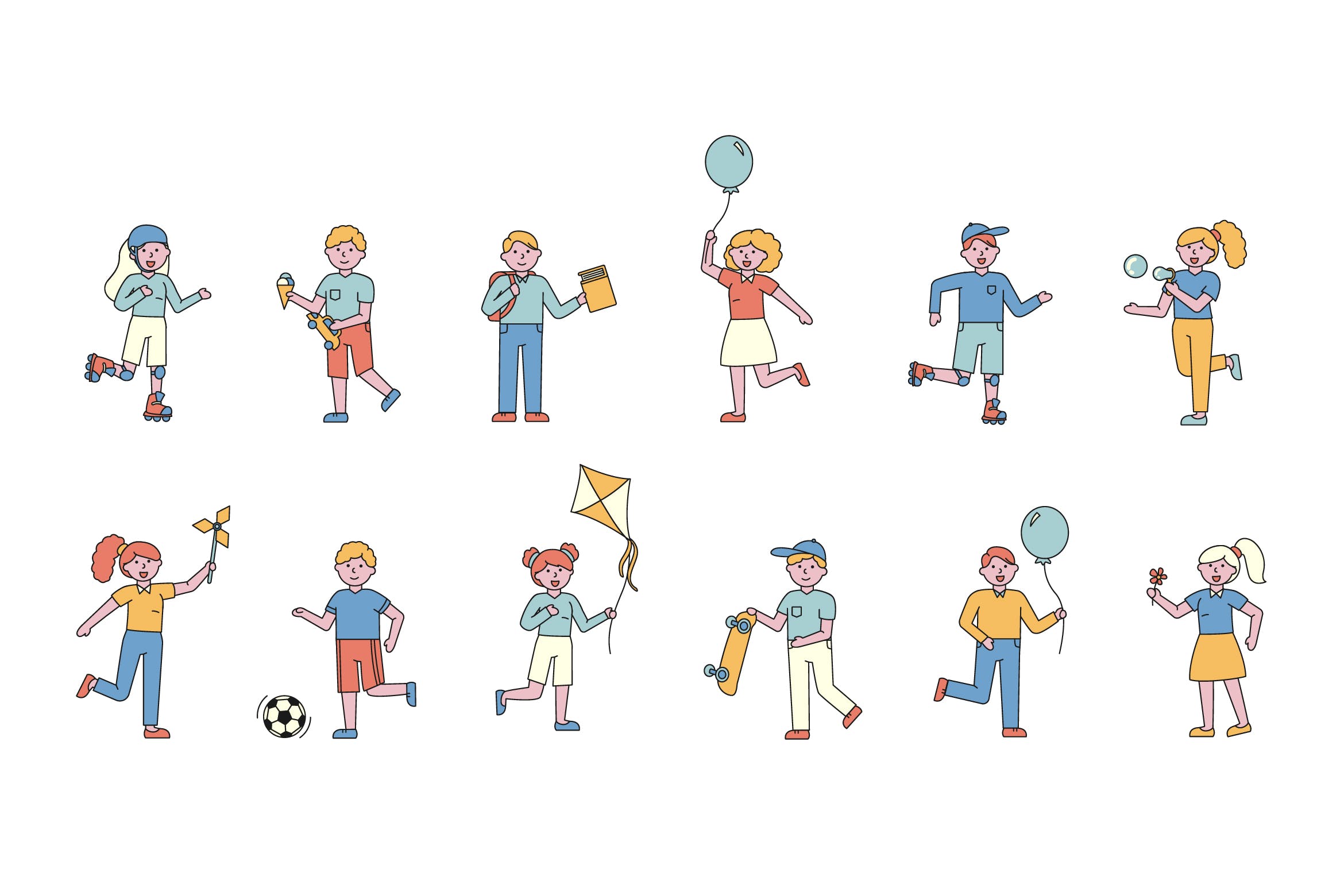 儿童乐园人物形象线条艺术矢量插画素材库精选素材 Children Lineart People Character Collection插图