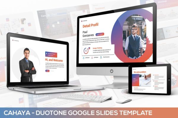 互联网创意项目推荐谷歌幻灯片模板 Cahaya – Duotone Google Slides Template