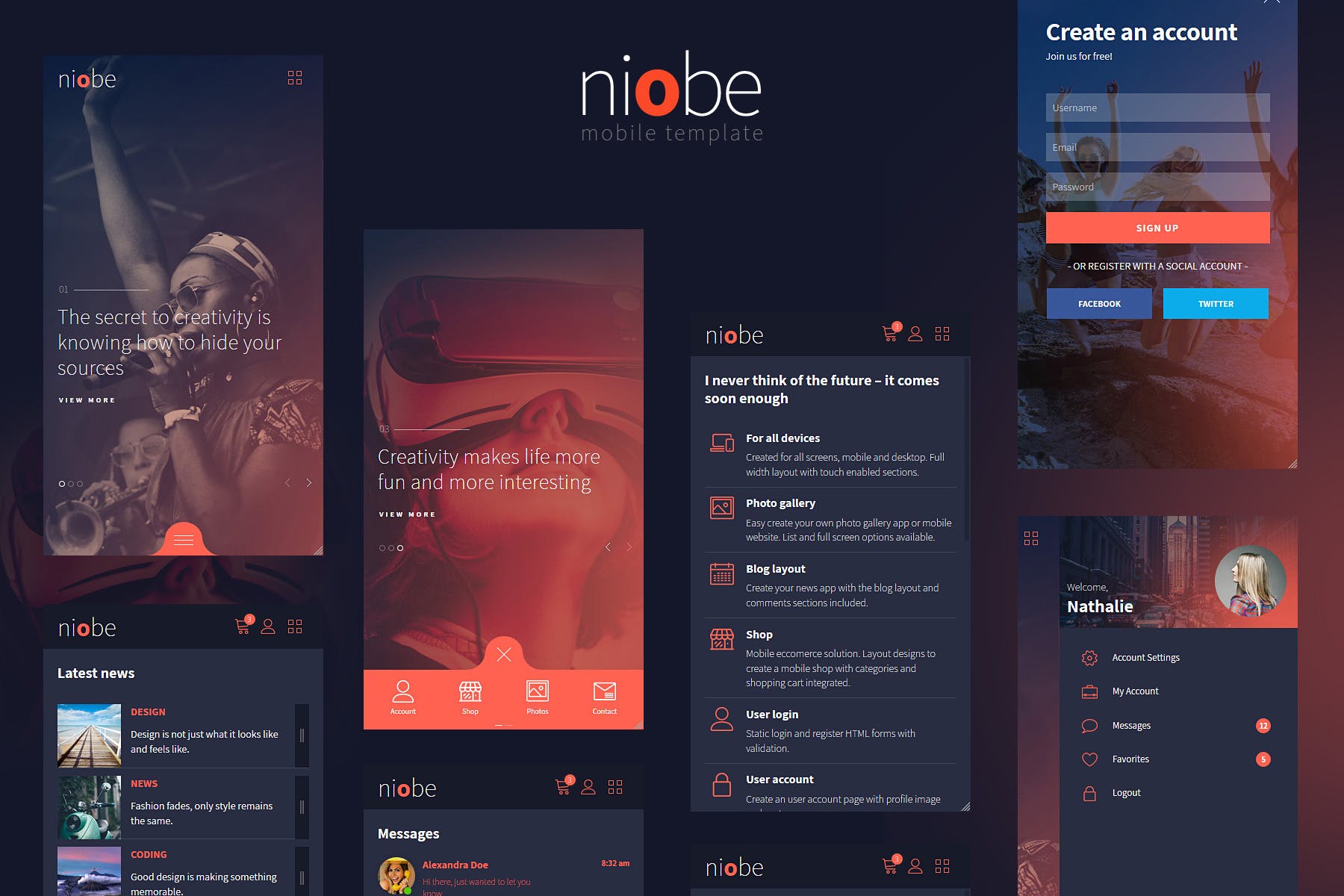 时尚暗色调H5手机网站模板素材库精选素材 Niobe – Html Mobile Template插图