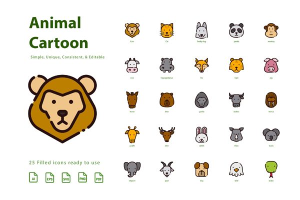 动物卡通形象填充图标素材 Animal Cartoon (Filled)