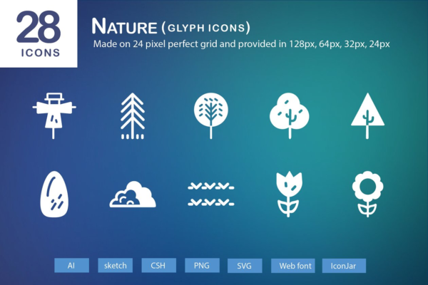28个大自然元素字体素材库精选图标 28 Nature Glyph Icons