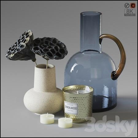 蜡烛玻璃水壶和枯萎的莲蓬装饰品素材之家精选3D模型
