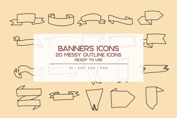 20枚横幅手绘草图矢量轮廓素材库精选图标 Banners outline Icons Set