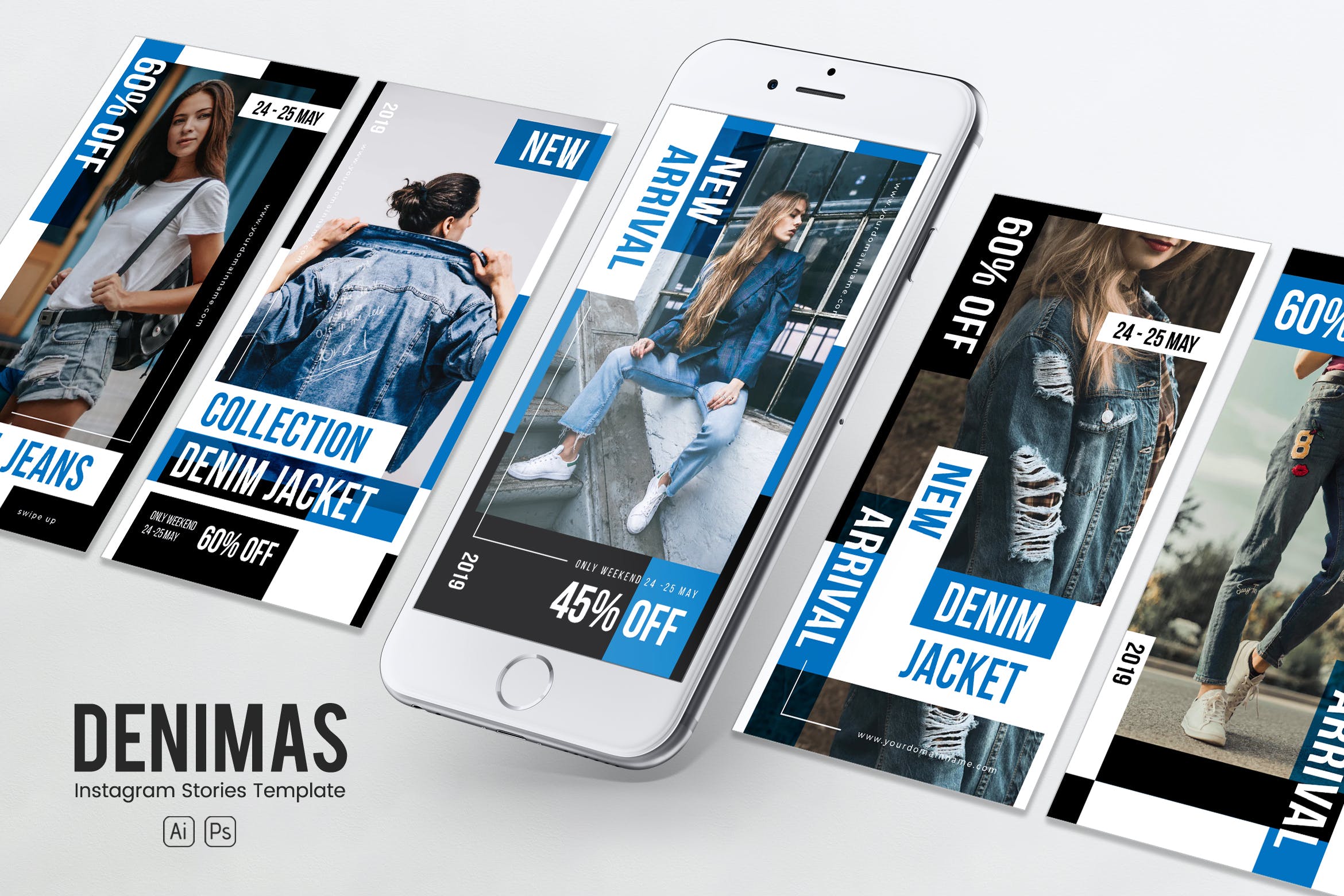 牛仔服饰Instagram品牌推广PSD&AI模板素材库精选 Denim Clothing Instagram Stories PSD & AI Template插图