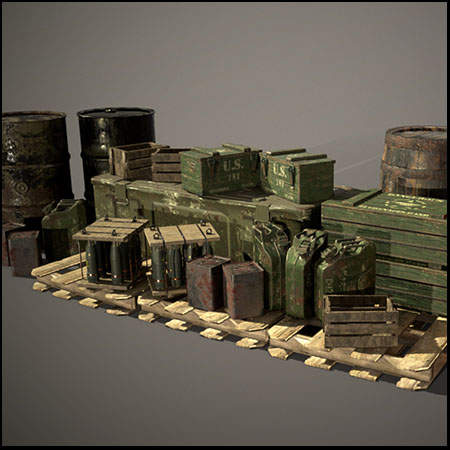 WW2型板条木箱和圆形油桶素材之家精选3D模型