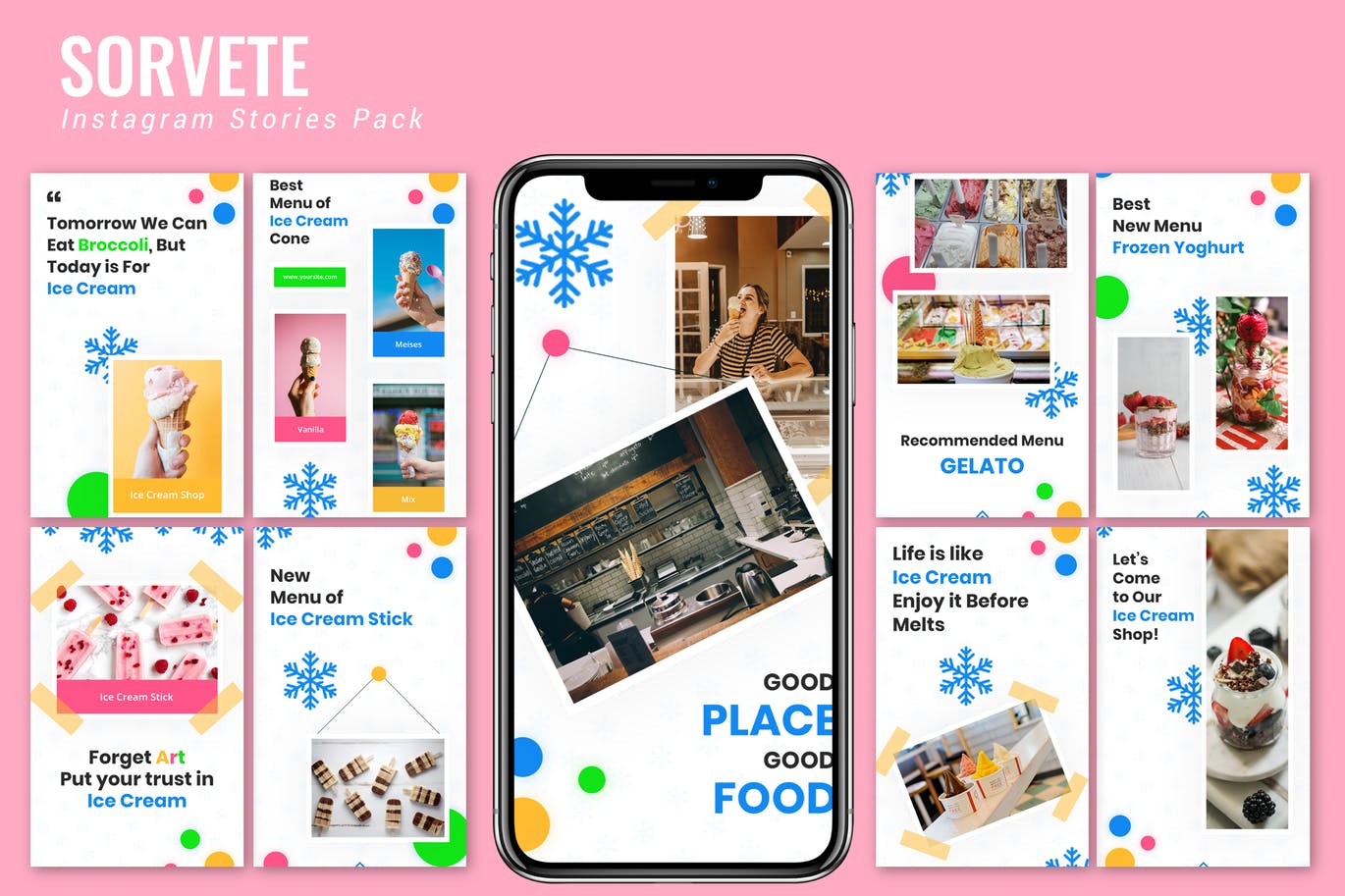 蓝色雪花装饰点缀Instagram品牌故事设计模板素材库精选 Sorvete – Instagram Story Pack插图
