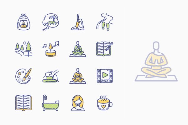 放松技巧主题Outline风格矢量素材库精选图标素材 Relaxation Techniques Icons – Outline Series