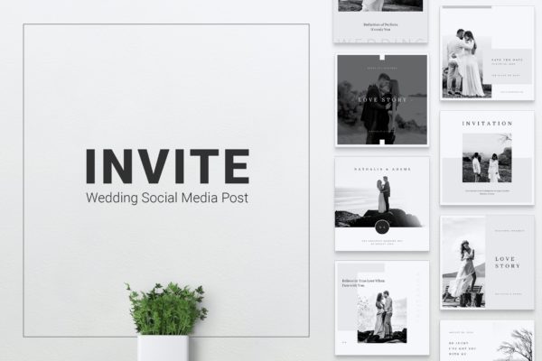 Instagram和Facebook社交平台电子婚礼邀请函/婚礼请柬设计模板素材库精选 INVITE Wedding Instagram &amp; Facebook Post
