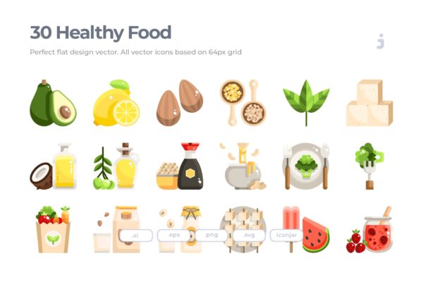 30枚健康食品&amp;蔬菜扁平设计风格矢量图标 30 Healthy food and Vegan Icons – Flat