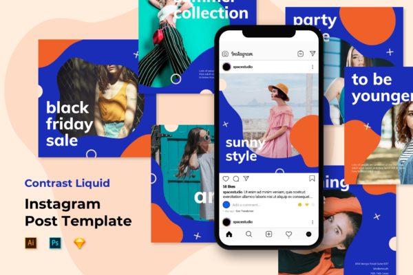 Instagram社交推广孟菲斯液体设计风格模板素材库精选 Instagram Templates Liquid Style