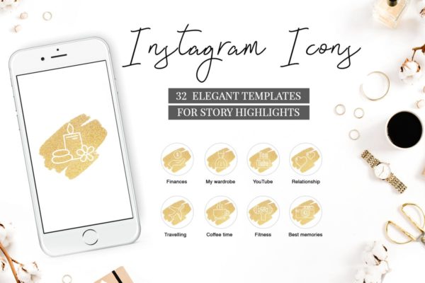 Instagram品牌故事封面金粉高亮图形模板素材库精选V3 Instagram Highlight Covers V.3 GOLDEN BRUSH