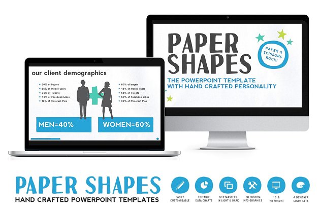 512页手工设计 PPT 幻灯片模板(共8种配色方案) Paper Shapes Powerpoint Presentation插图