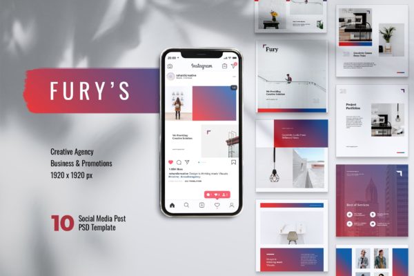 创意代理公司Instagram&amp;Facebook文章贴图设计模板素材库精选 FURY Creative Agency Instagram &amp; Facebook Post
